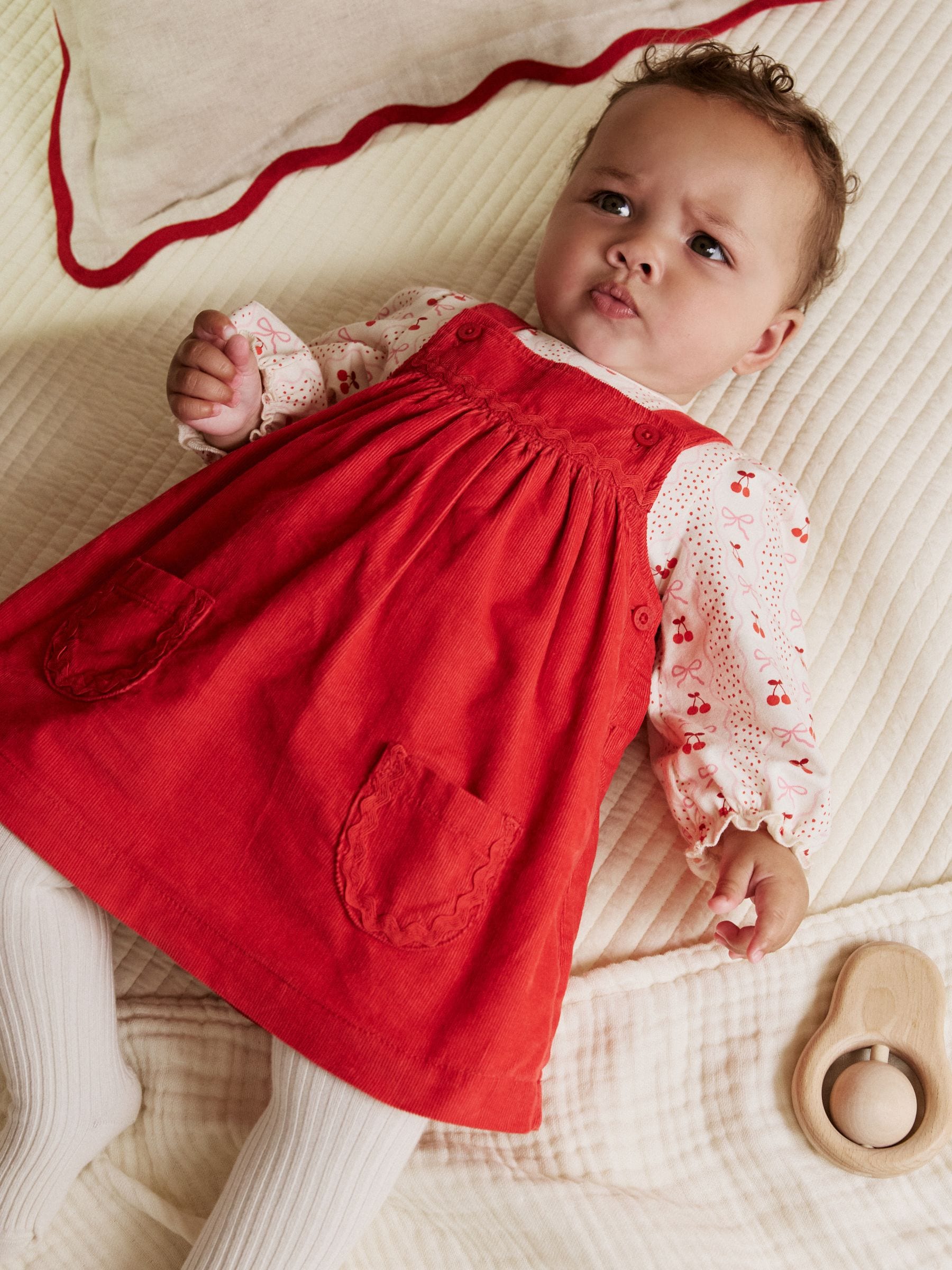 Rode strik - Set van corduroy pinafore, bodysuit met lange mouwen en maillot voor baby's (0mnd-2jr)