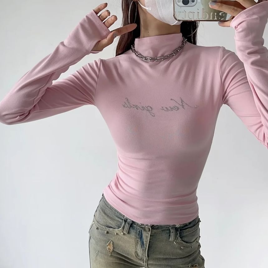 Asiris - Slim-fit T-shirt met lange mouwen en nephals en letters en strass