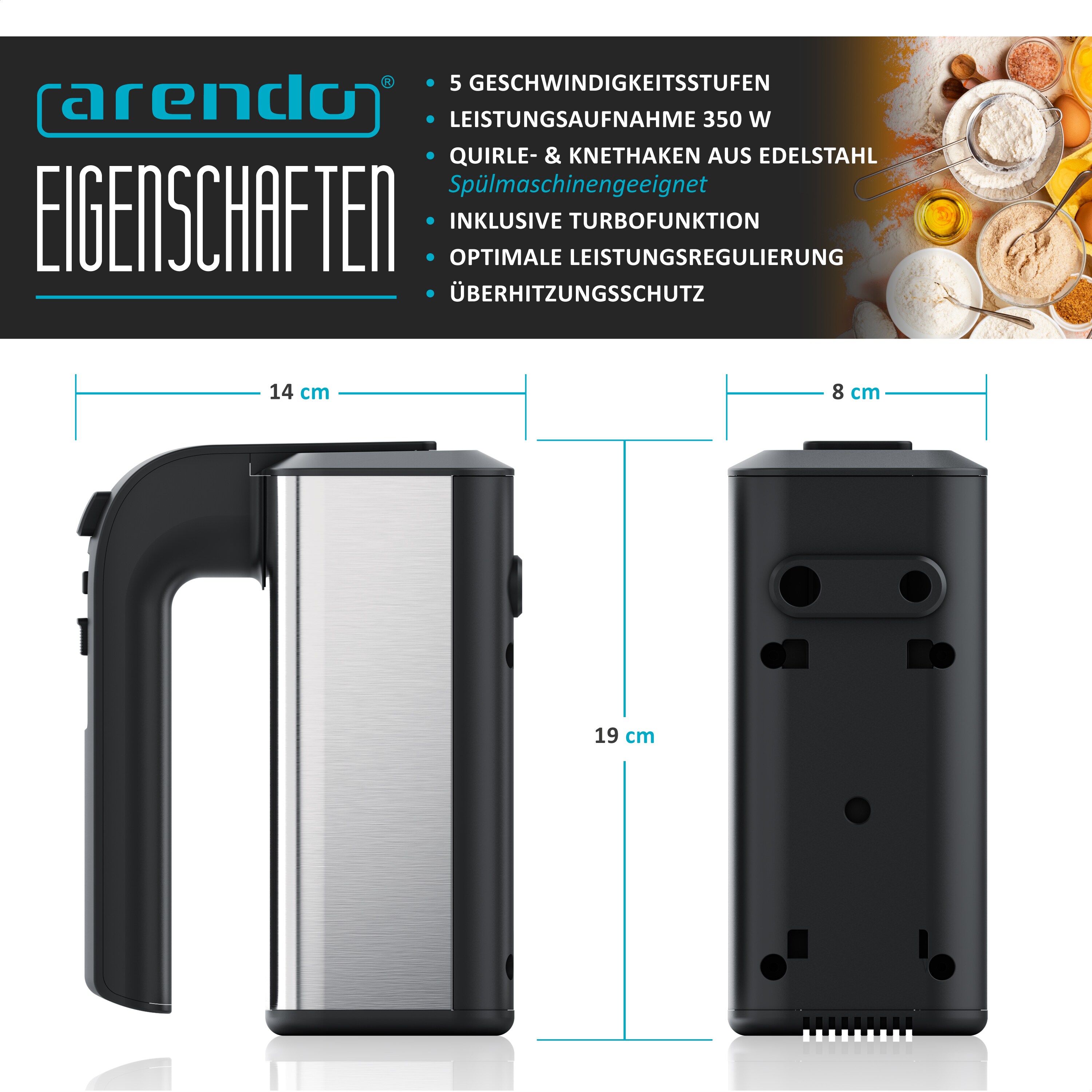 Arendo Elektrischer Handmixer - Handrührgerät Handrührer - 5 Geschwindigkeiten -inkl. 2 Rührbesen und 2 Knethaken aus Edelstahl - Soft Touch Gehäuse