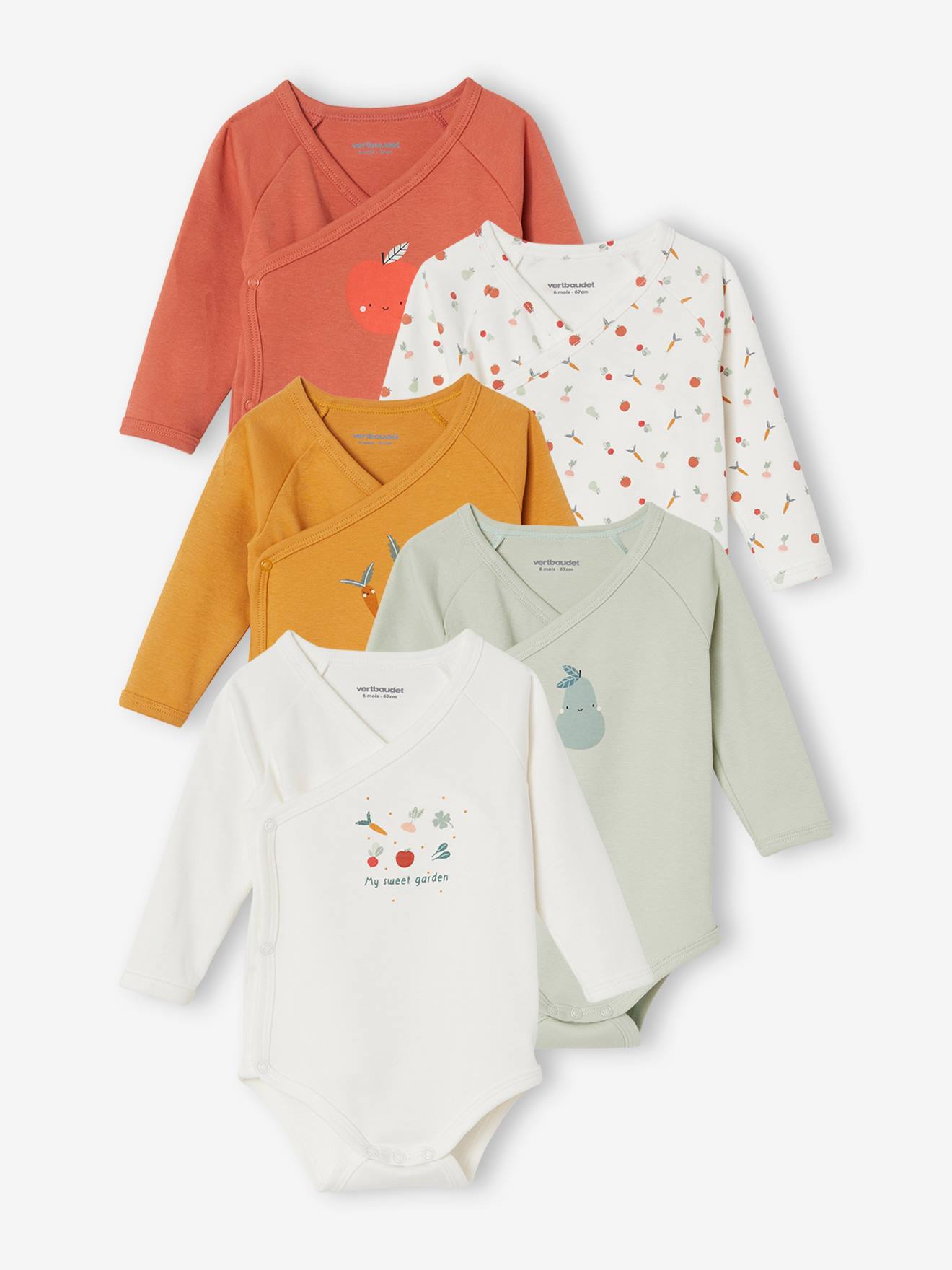 Conjunto de 5 bodies de manga comprida com abertura, para recém-nascido, laranja escuro bicolor/multicolorido.