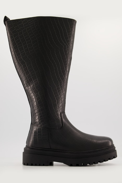 Lederstiefel, XL-Schaft, Kroko-Prägung, Plateausohle, Weite H