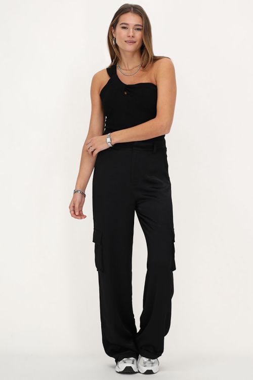 Zwarte one-shoulder top met gedraaid effect