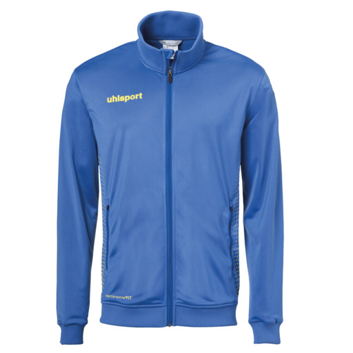 Jaqueta esportiva Score Track Jacket, cor azul-celeste/amarelo-lima, da Uhlsport.