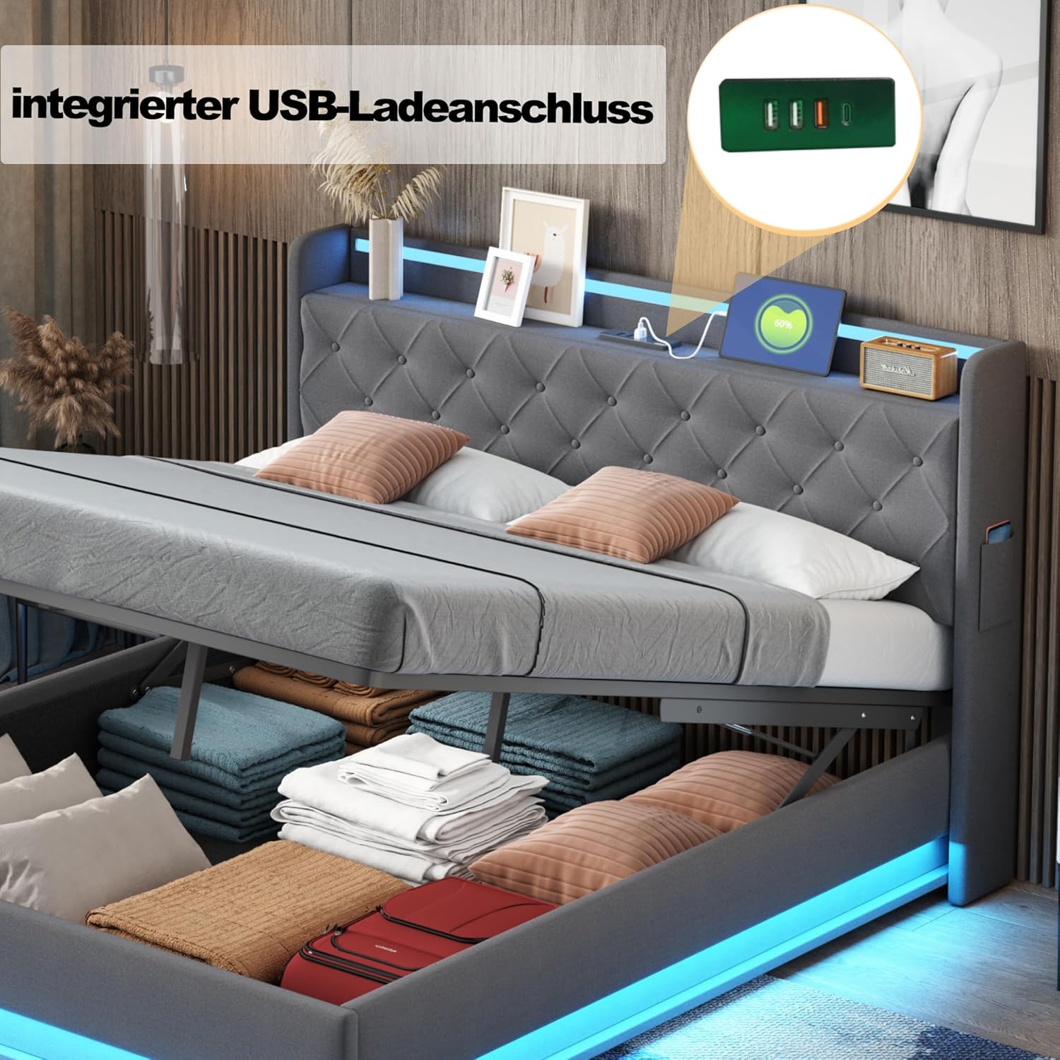 Polsterbett Doppelbett Bett 140x200 cm mit Stauraum und Kopfteil, Hydraulisches Stauraumbett mit USB und LED, Jugendbett Bettgestell mit Lattenrost, Leinen, Grau, Ohne Matratze