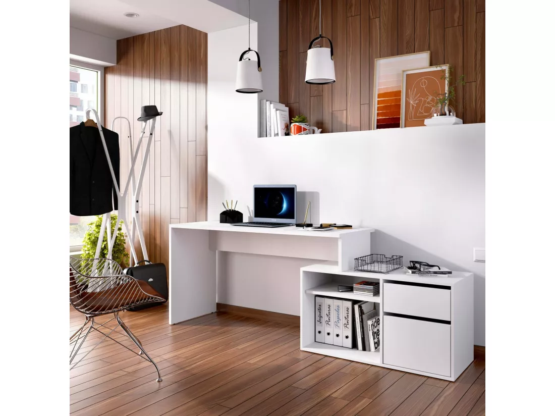 Bureau Ddiaw, Bureau multi-positions pour le bureau ou la chambre, Table d'étude d'angle polyvalente, 139x92h75 cm, Blanc