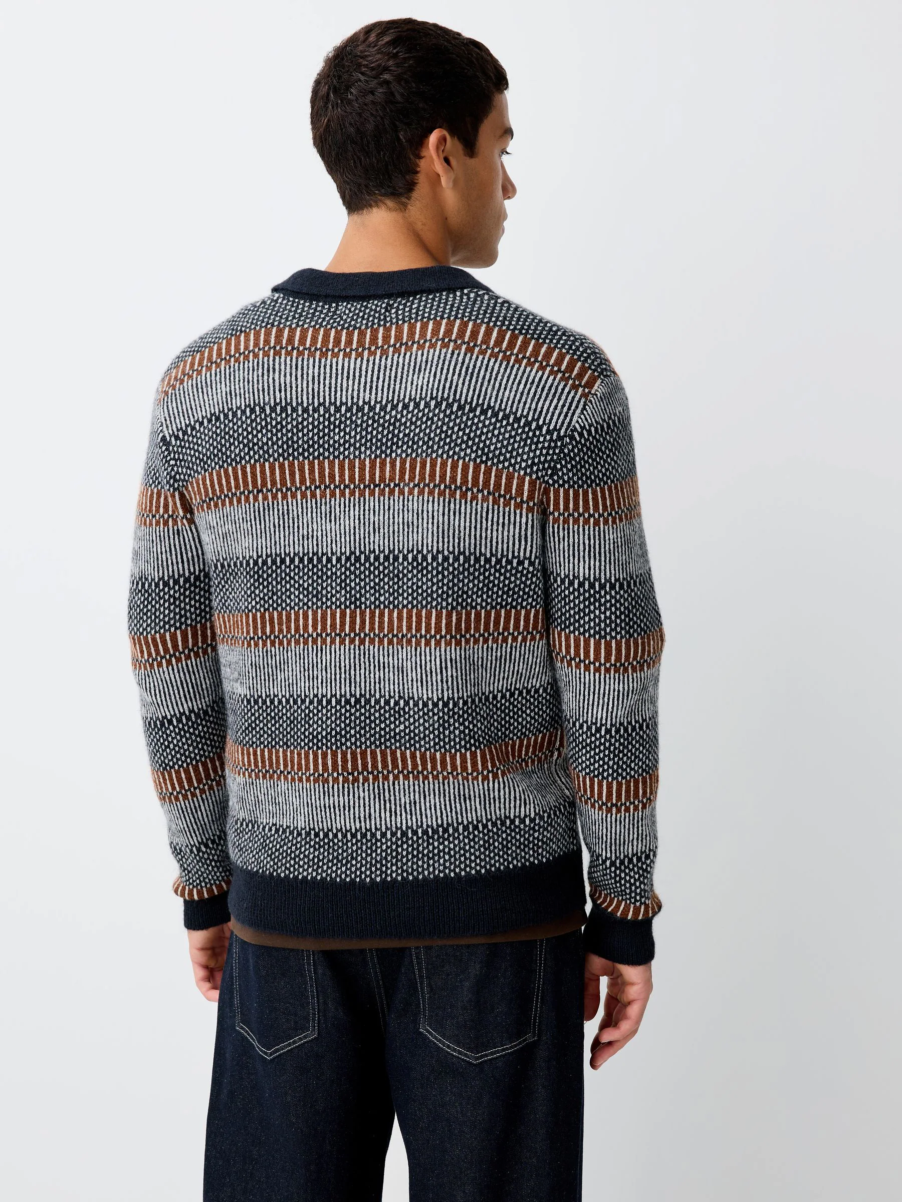 Donkerblauw - Regular Fit Stripe Long Sleeve Knit Polo Shirt