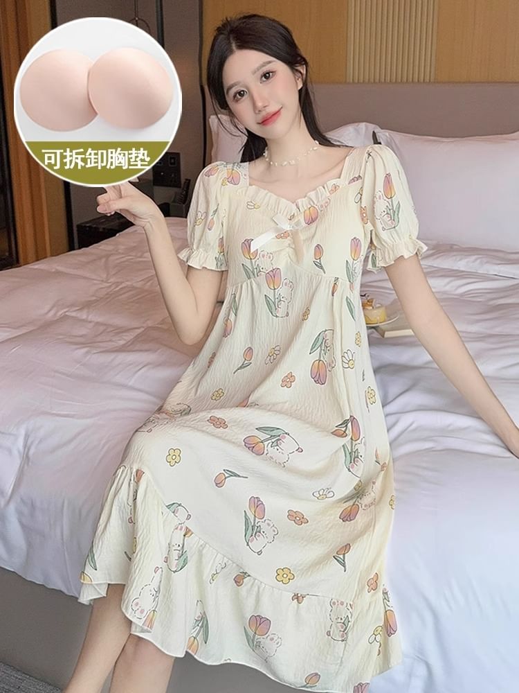 Dazzli - Midi-pyjamajurk met pofmouwen, V-hals, cartoonprint, strikaccent en volantrand