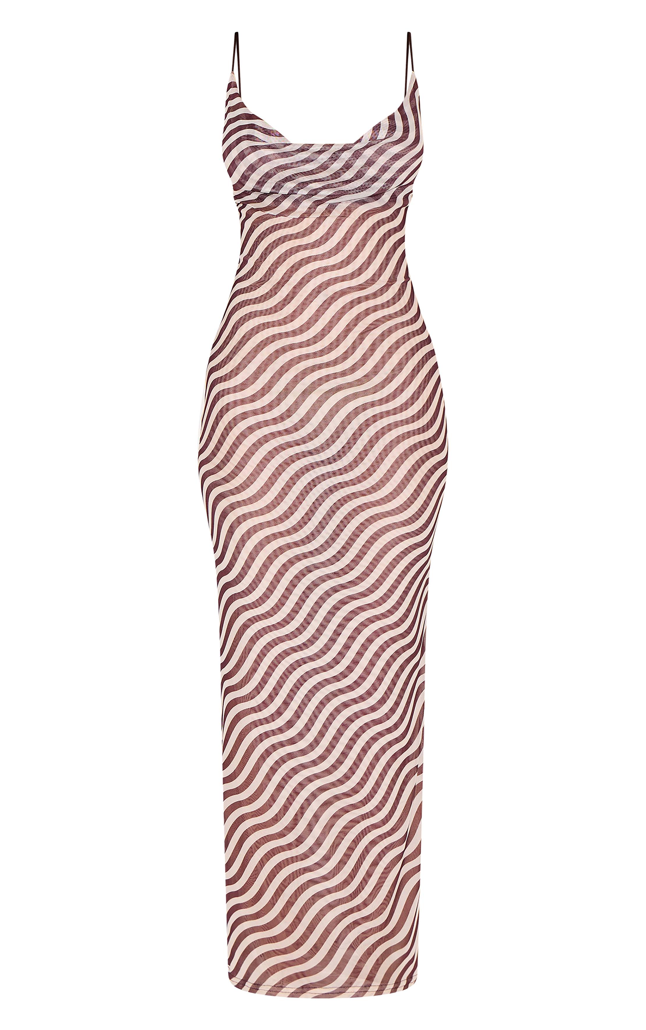Gris Pierre Robe Longue Asymétrique À Bretelles En Maille Rayée