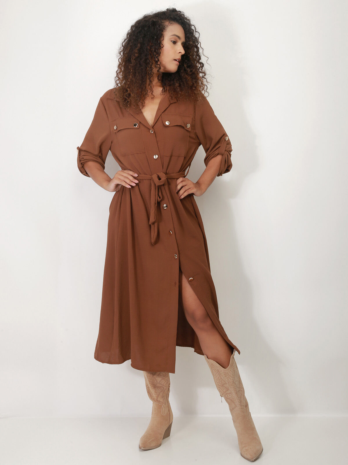 Robe chemise mi-longue à ceinture- Marron