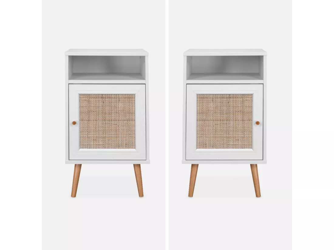 Lot de 2 tables de chevet en cannage - Bohème - 40x39x65.8cm Blanc - 2 niveaux - 1 portes - 1 espace de rangement - pieds scandinaves