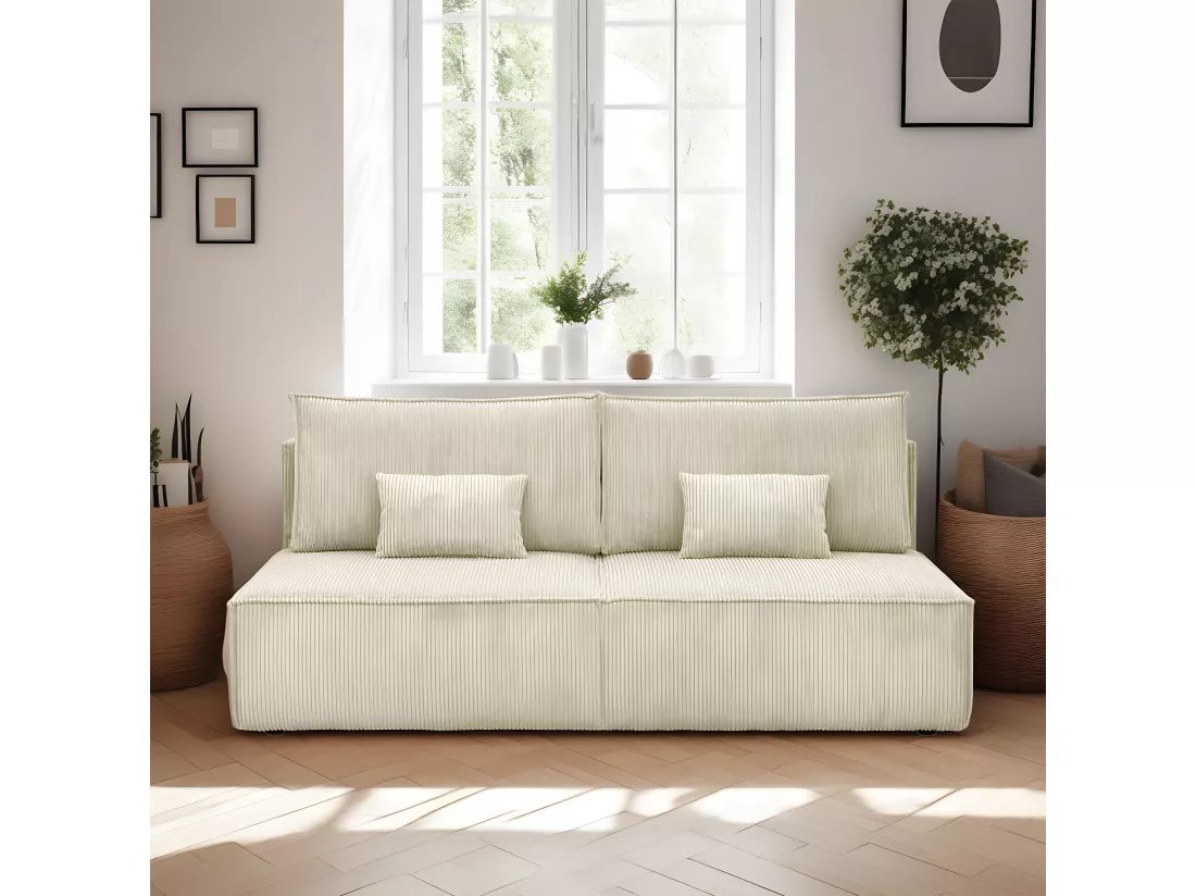 Canapé convertible 3 places avec coffre de rangement en velours côtelé beige - Milla
