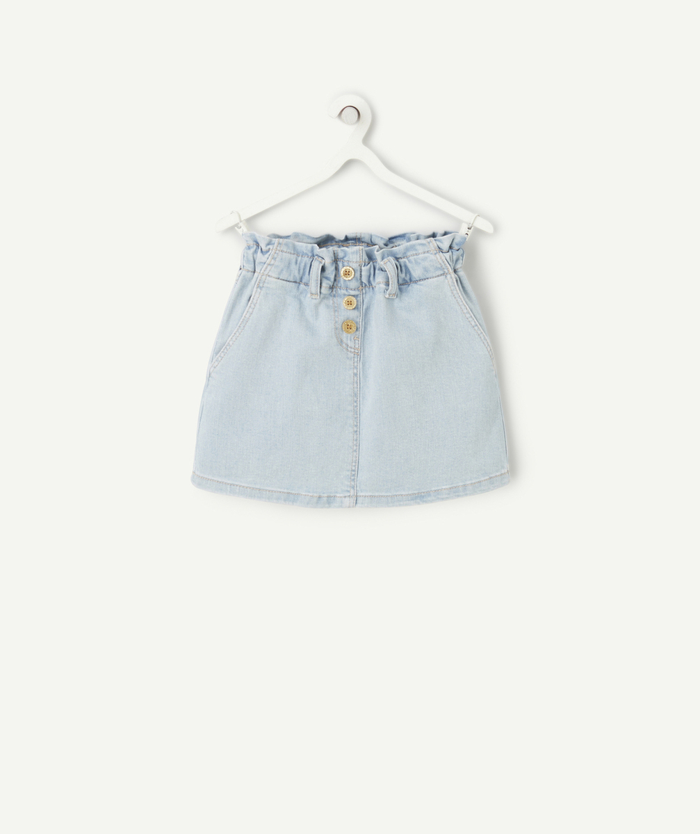 jupe droite fille en denim bleu ciel low impact avec boutons bois doré