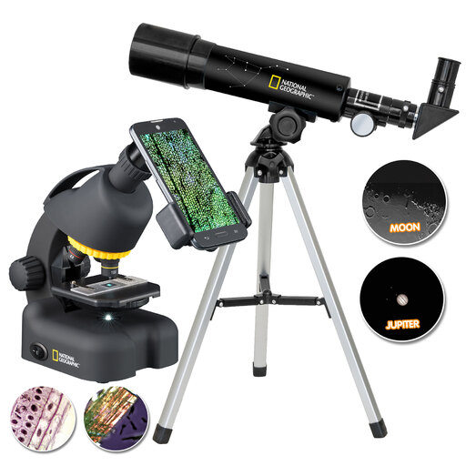 Conjunto de telescópio e microscópio infantil da National Geographic com acessórios.