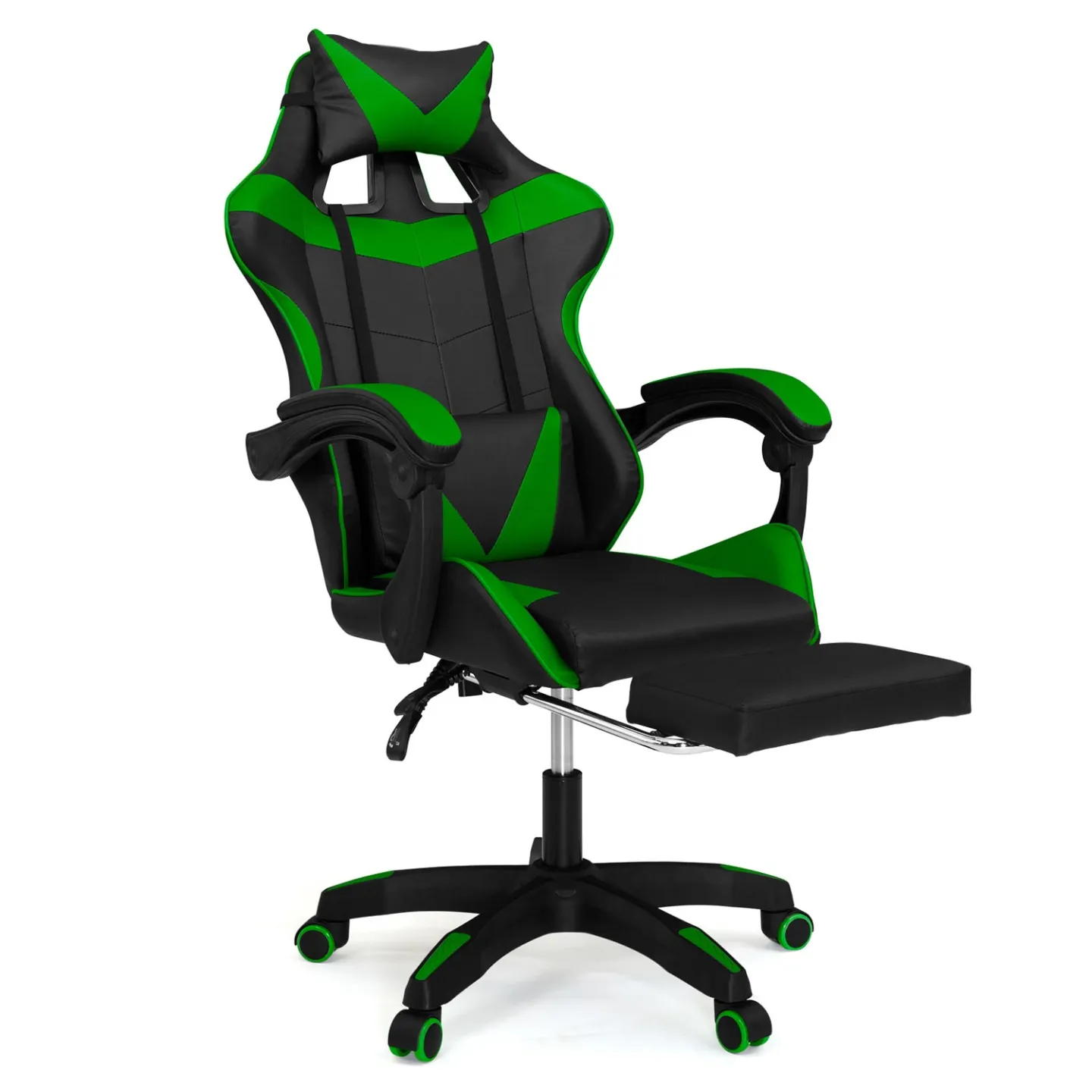 Fauteuil de gaming ALEX réglable avec repose-pied, coussin de tête et coussin lombaire noir et vert