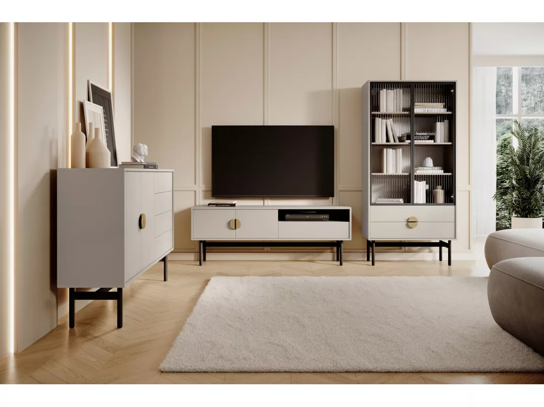 Vitrine haute - 85 cm - avec quatre étagères et tiroirs - taupe (gris-beige) - STOON