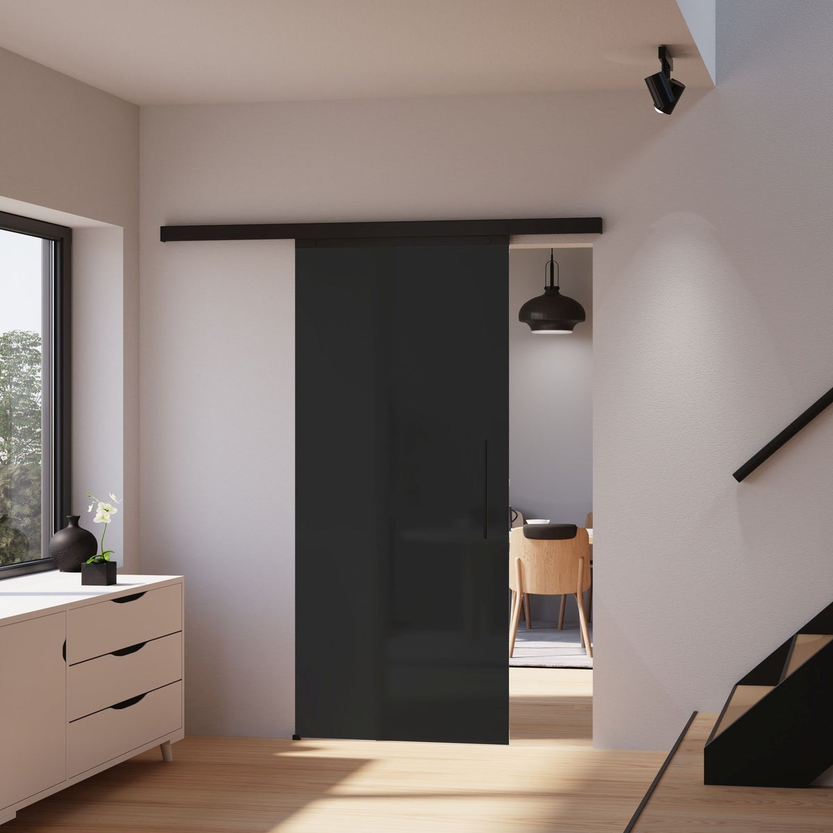 Schuifdeur van glas, zwarte satijnen afwerking, 900x2035 mm, binnendeur, glazen schuifdeur, glazen deur - greep