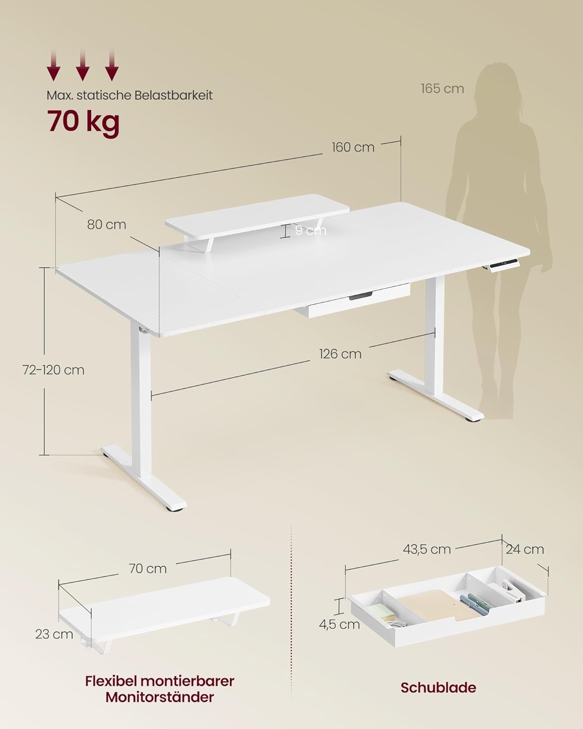 VASAGLE Höhenverstellbarer Schreibtisch, 160 x 80 cm, flexibel montierbarer Monitorständer, Schublade, USB-C-Anschluss, Erinnerung bei langem Sitzen, für Büro, wolkenweiß LSD156WB01