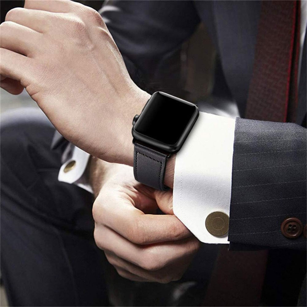 Apple Watch (49/46/45/44 mm) Echtleder Ersatz Armband mit Druckverschluss (Gelenkumfang 178-220 mm) - Schwarz / Braun