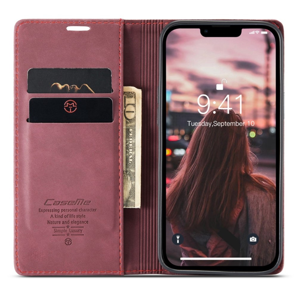 iPhone 14 Leder Tasche Flip Wallet Etui mit Kartenfächern - Dunkelrot