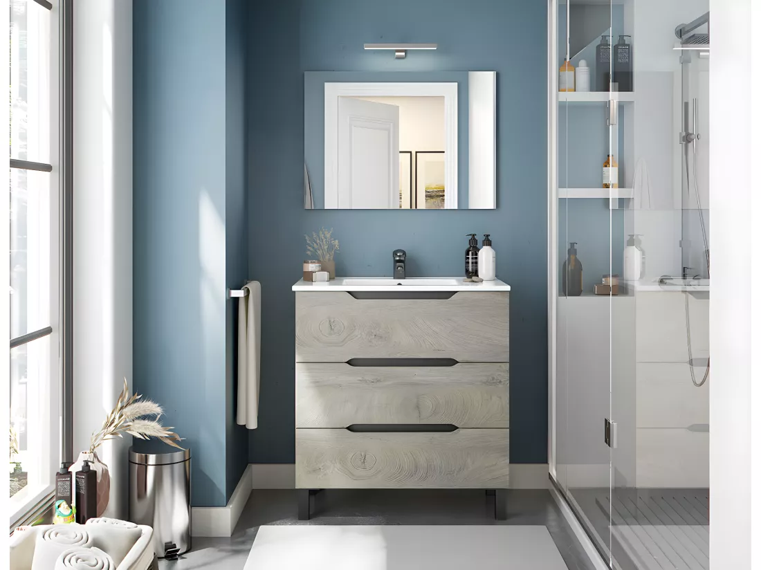 Meuble de salle de bain 80cm avec 3 tiroirs sans poignée coloris chêne à nœuds - Longueur 80 x Profondeur 45 x Hauteur 86 cm