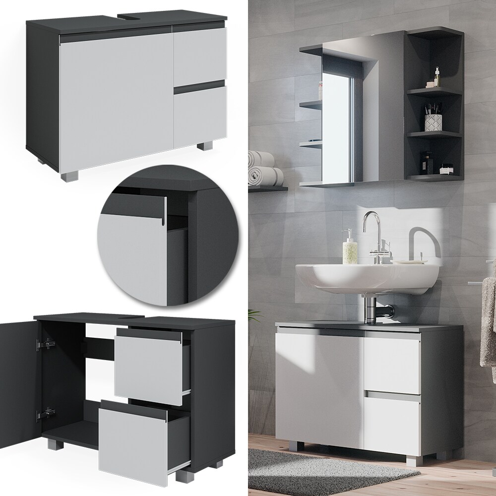 Vicco Waschtischunterschrank Waschbeckenunterschrank Badschrank J-shape Anthrazit Weiß modern 80x61cm Badezimmer Schrank Badmöbel Schranktür Schrankschublade Aufbewahrung