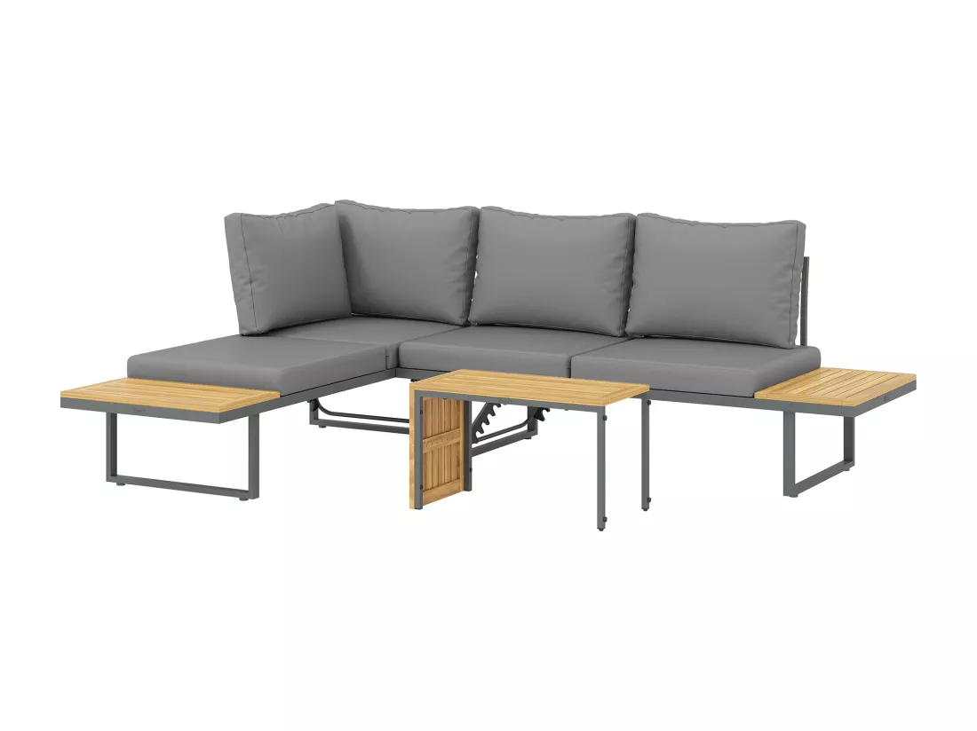Ensemble salon de jardin 4 places modulable réglable avec table basse acier gris bois d'acacia verni