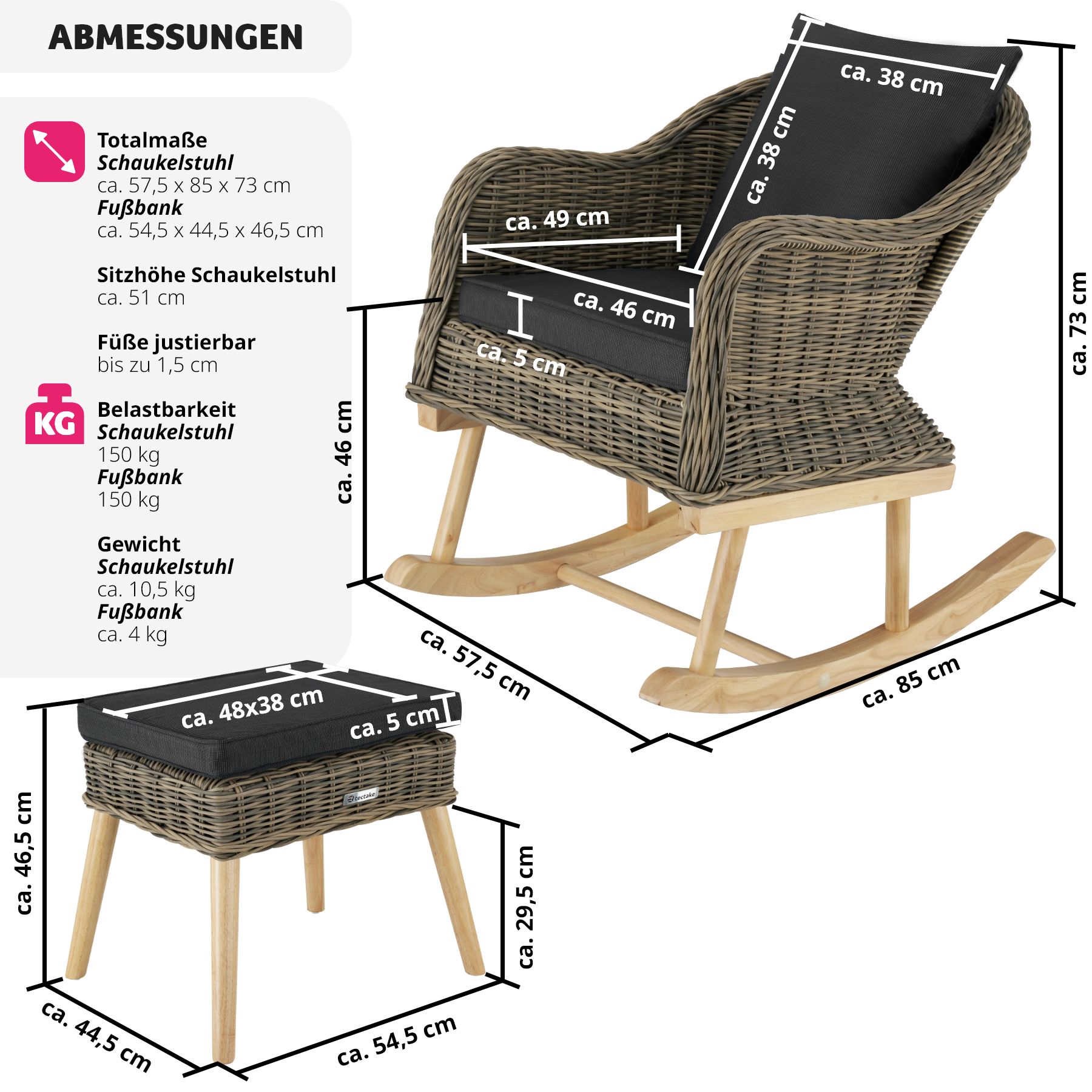 tectake® Rattan Schaukelstuhl Rovigo mit Fußbank Vibo, natürlich nachempfundenes Geflecht mit Aluminiumgestellen, Kufen und Beine aus Holz, höhenverstellbare Kunststoffkappen