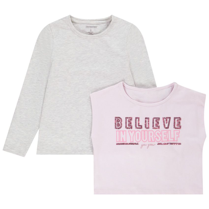 T-shirt manches longues 2 en 1 avec sequins pour fille - Gris chiné