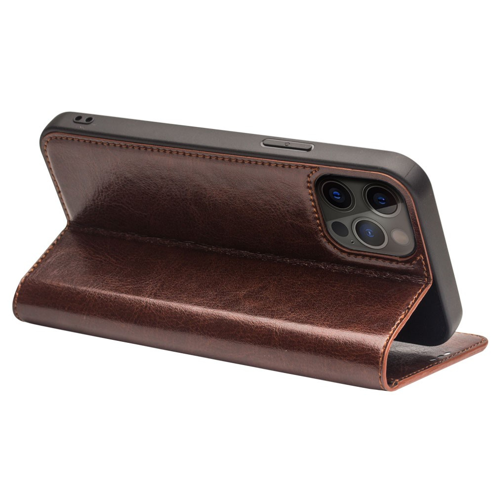 iPhone 13 Pro Echtleder Tasche Flip Cover mit Kartenfächer - Braun