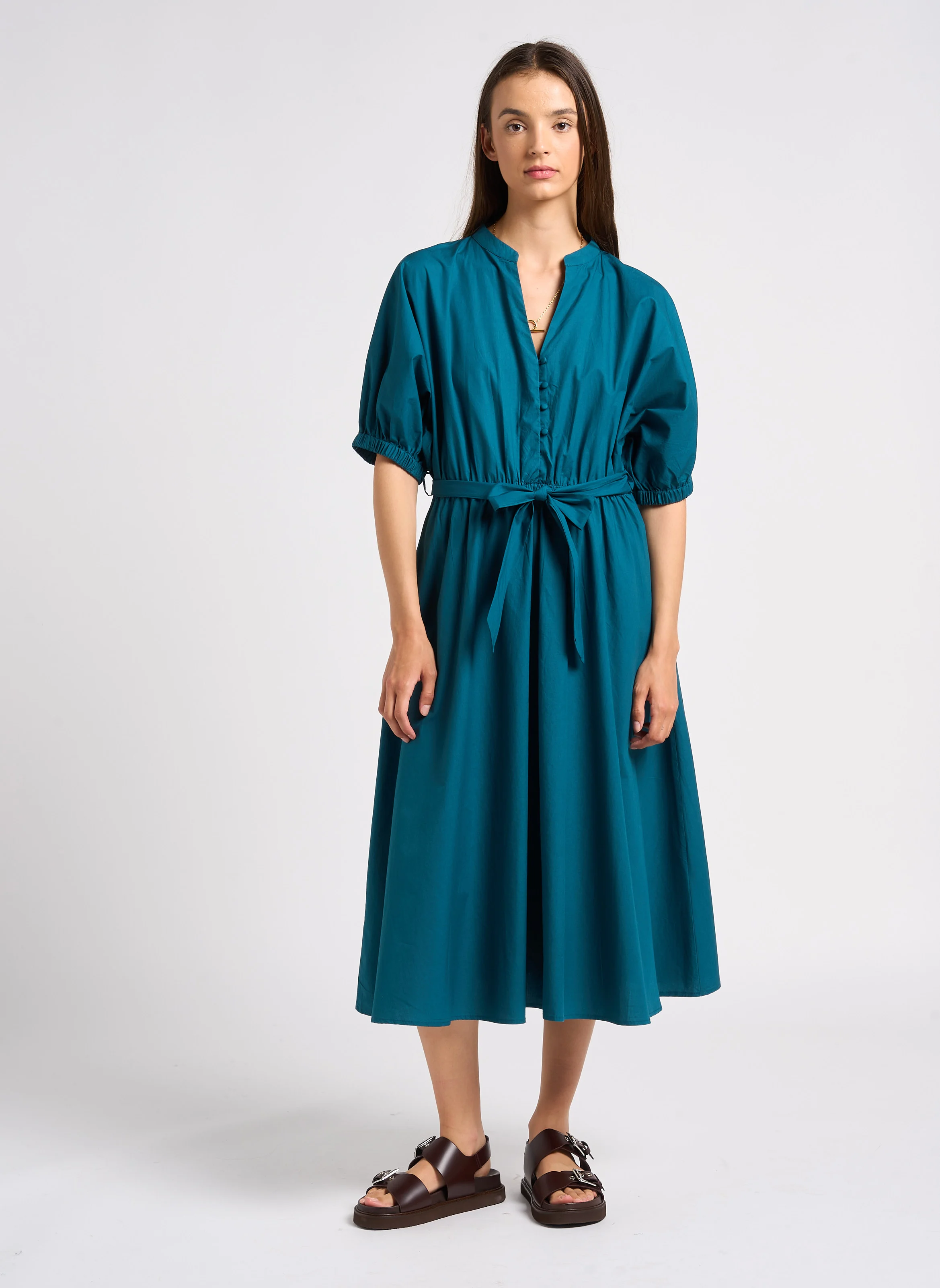 CORDELIA - Robe midi cintrée en coton| Bleu