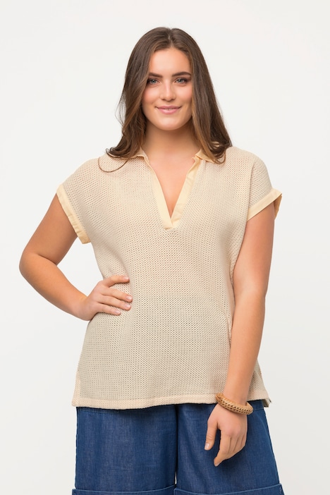Pullover, Lochstrick, Polokragen, Halbarm, Biobaumwolle