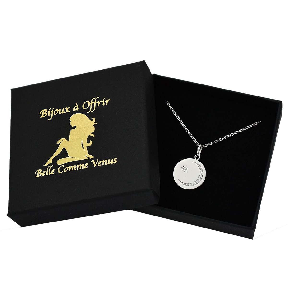 Collier médaille étoile et lune d'oxyde de zirconium Argent 925 Rhodié