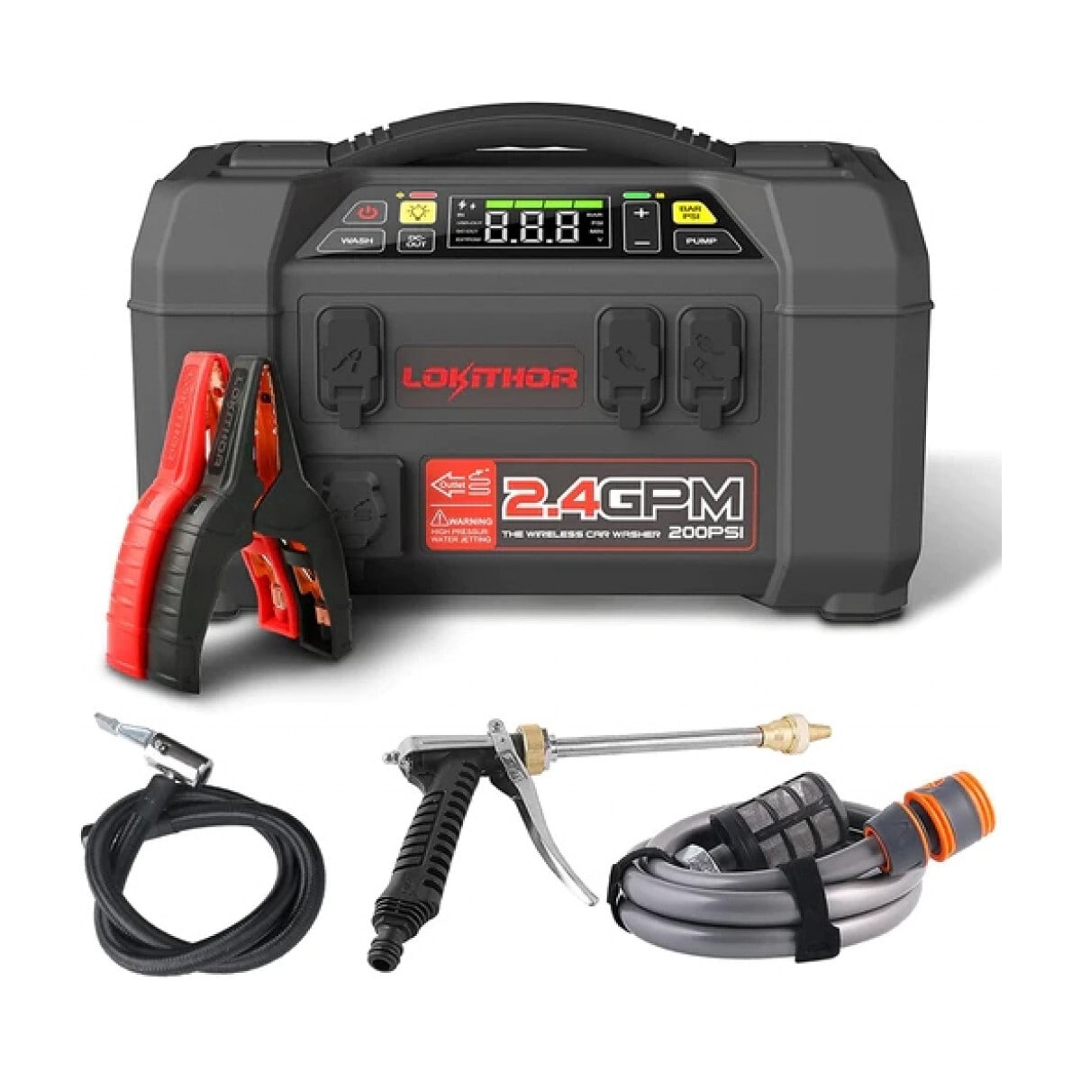 LOKITHOR Lithium Startbooster 2500A med 150 PSI Luftkompressor og 1.5 MPA bærbart høytrykkspylersett