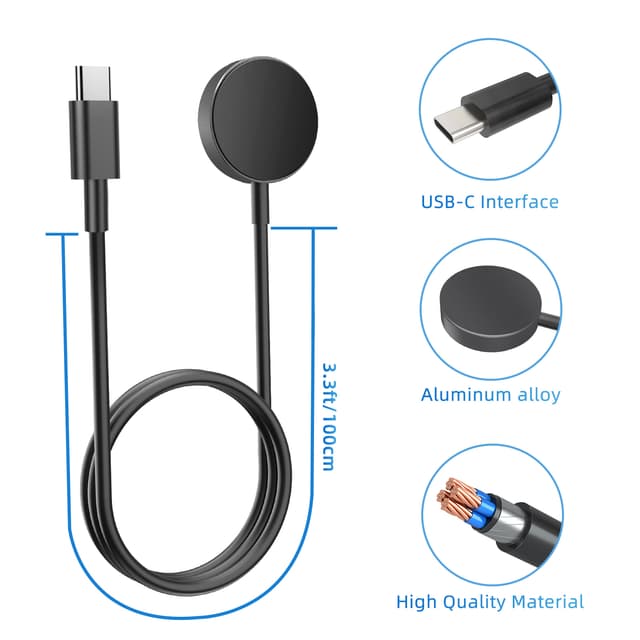 USB-C oplader til Samsung Galaxy Watch 3/4/5/6/7, Active 1/2 Sort