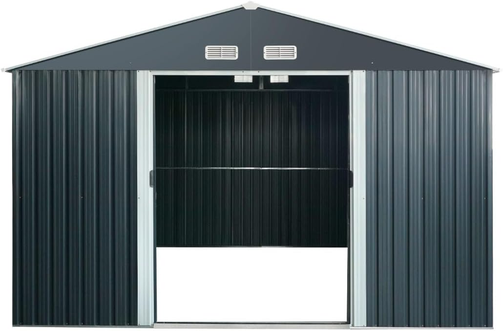 ALEOS. Gerätehaus Geräteschuppen 15m² 343x452x223 cm aus verzinktem Stahlblech Metall mit Doppelschiebetür Türhöhe 173cm Schuppen Gartenhaus