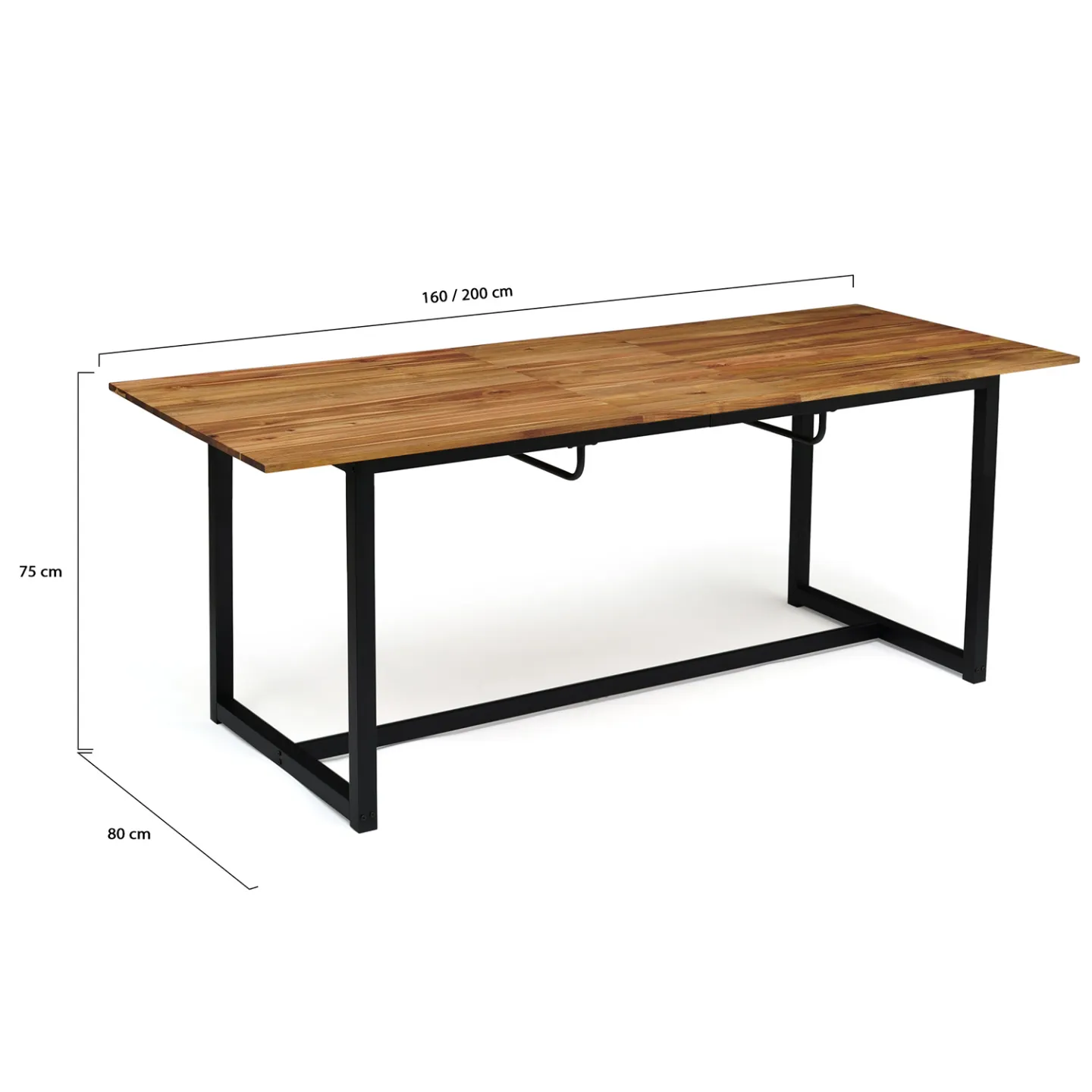 Salon de jardin extensible SOHO 8/10 places table 160/200 cm acier + acacia et 8 chaises empilables noires