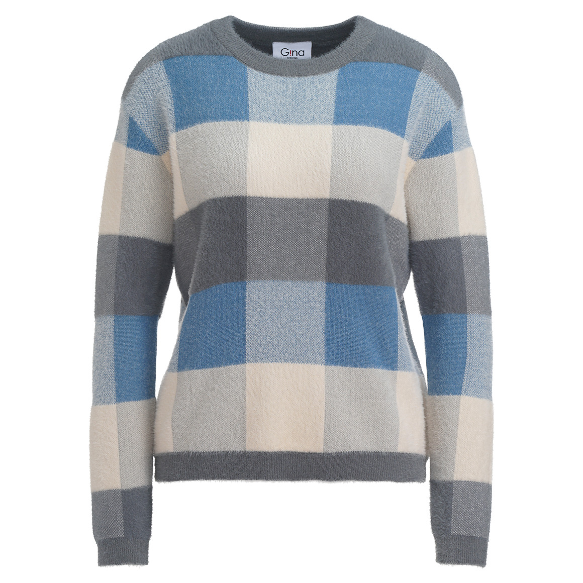 Gina Damen Strickpullover mit Karo-Muster grau / cremeweiss / blau