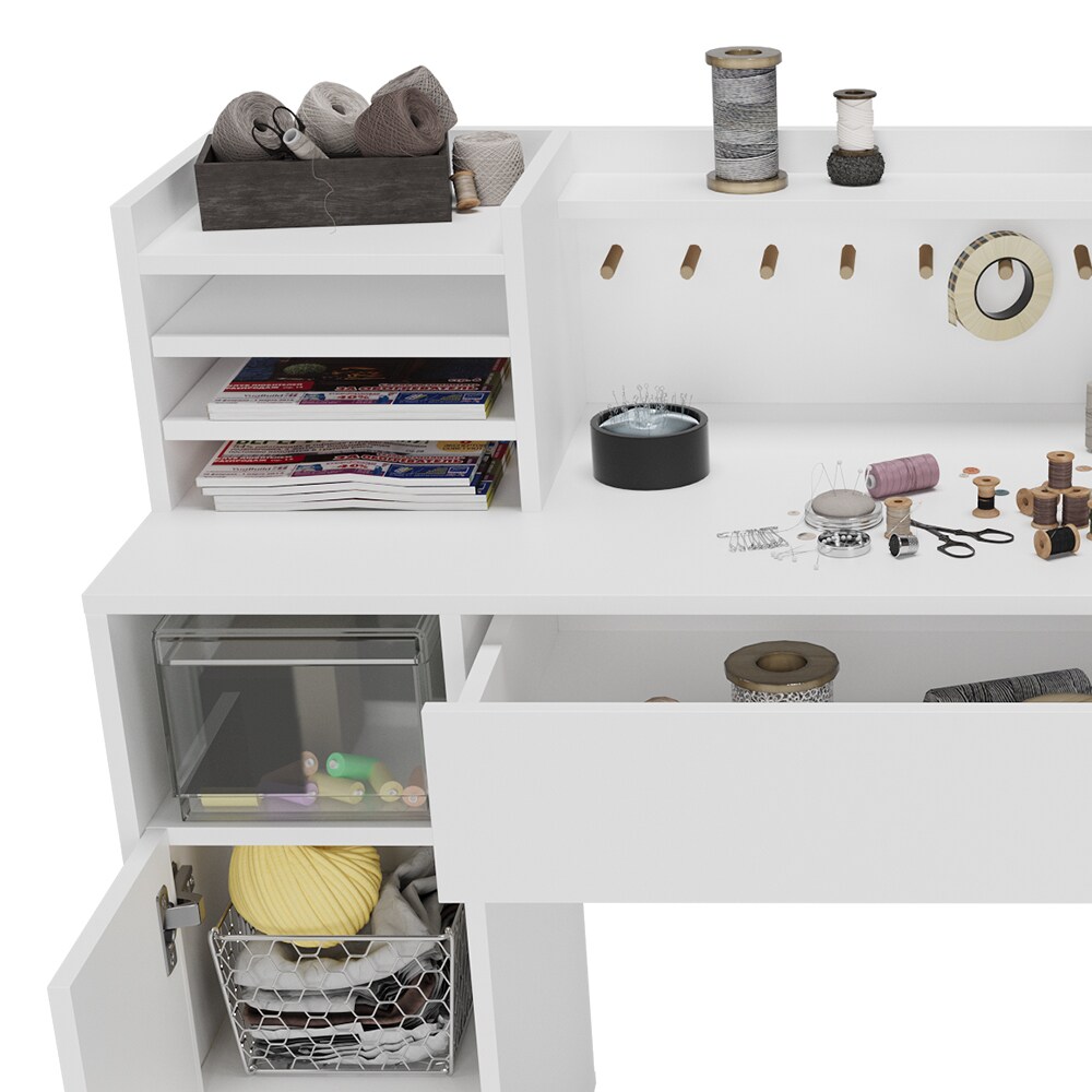 Vicco Schreibtisch Basteltisch XL 126,8 x 100 cm, Weiß mit Regale, Schubfach