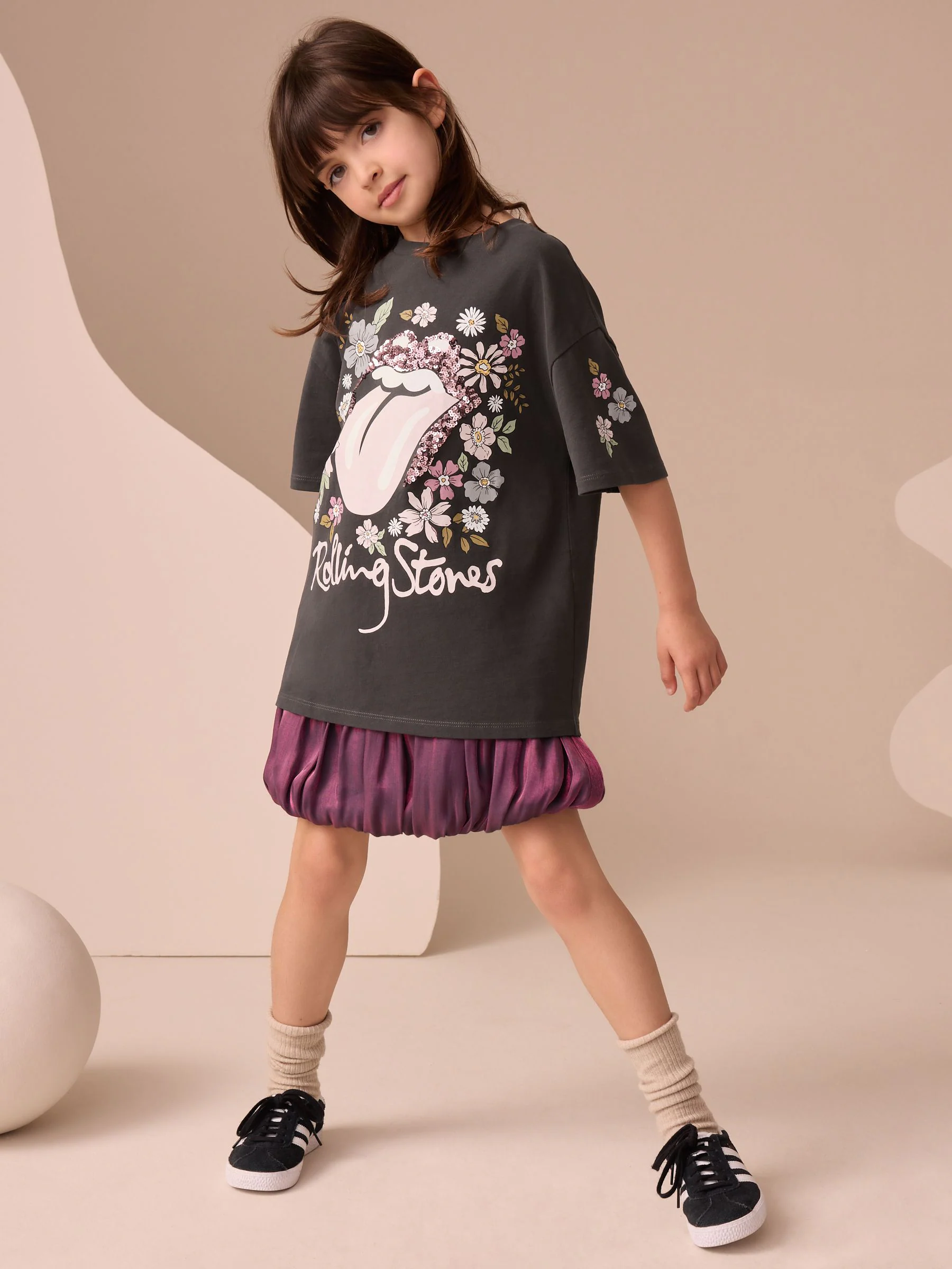 Antracietgrijs gebloemd - The Rolling Stones - T-shirt met pailletten (3-16jr)