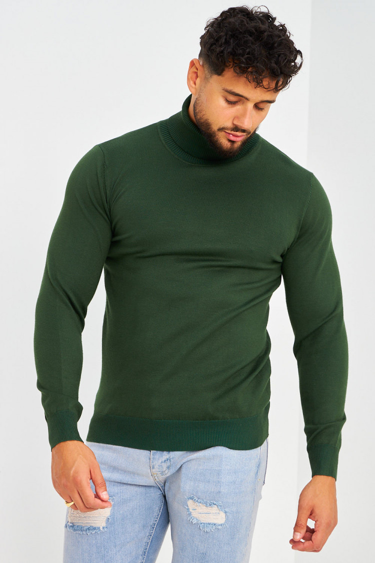 Pull col roulé vert foncé uni
