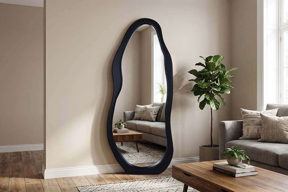 Design Spiegel ORGANIC 180cm schwarz Standspiegel Wandspiegel abgerundeter Rahmen
