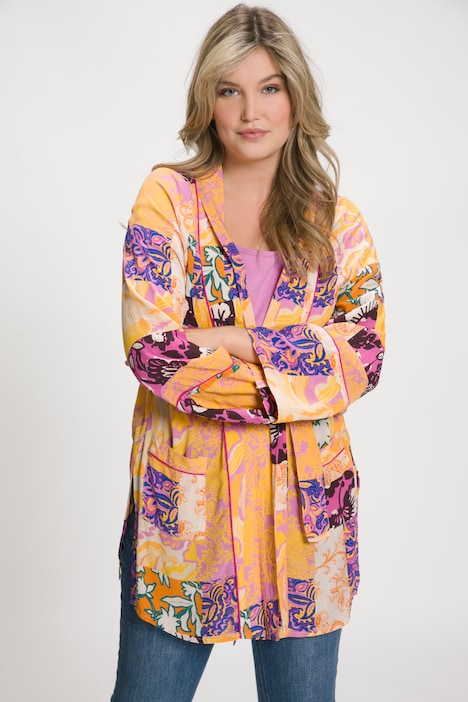 Kimono, Patchdruck, A-Linie, Schalkragen, Langarm