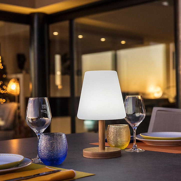 Lampe de table extérieur LED intégrée dimmable 1W Standy Lumisky bois naturel mat l.16 x H. 25 x P.15.8 x Ø 16 cm