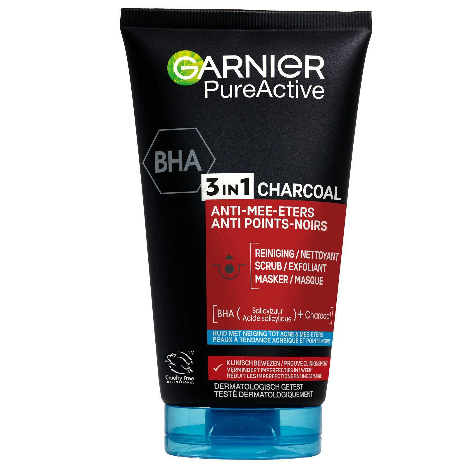 Garnier PureActive 3-in-1 Charcoal Anti Mee-Eters gezichtsreiniging - 150 ml