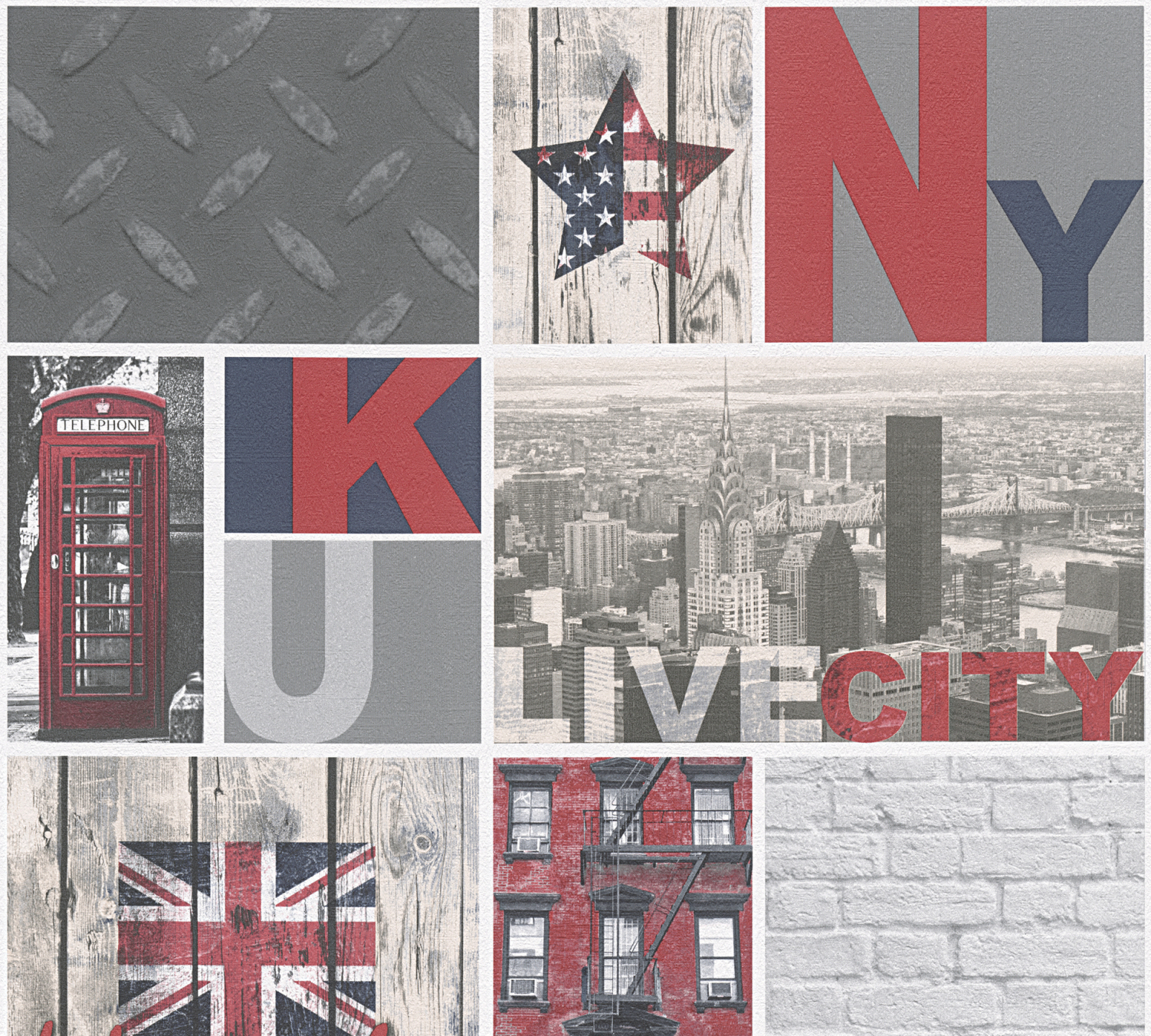 Tapete BOYS & GIRLS 5 - grau-rot - New York - 10 Meter