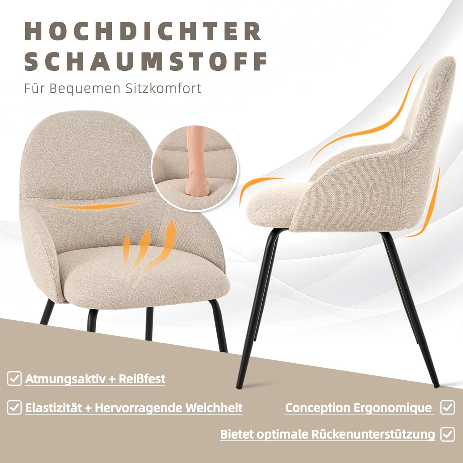 Esszimmerstühle 6er Set mit Armlehne – Ergonomische Polsterstühle, Moderne Küchenstühle mit Leinenbezug & Metallbeinen, Gepolsterte Stühle für Wohnzimmer, Esszimmer, Küche, Beige