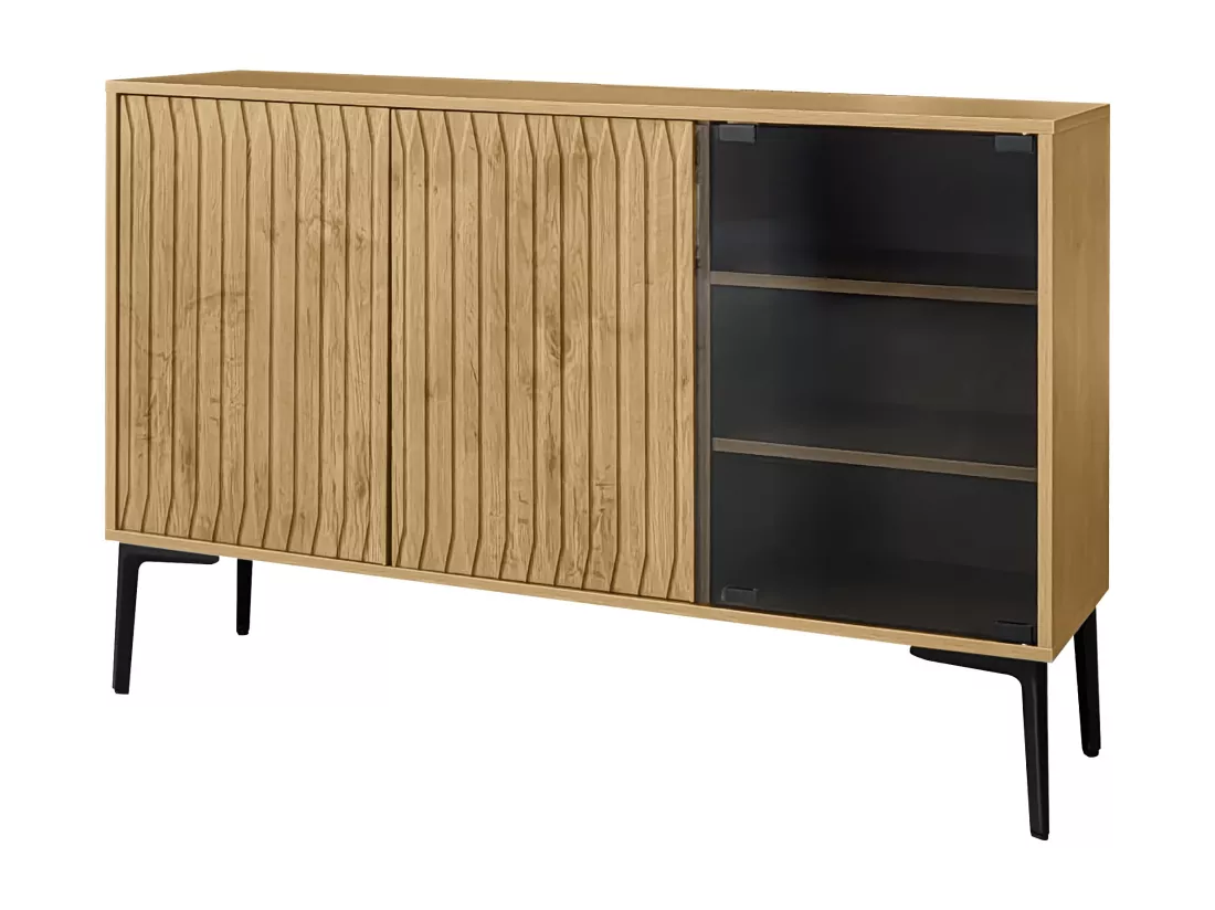 Buffet, meuble de salle de bain avec 3 portes - 120 x 35 x 80 cm - Bois MDF + verre - LEDs - Naturel