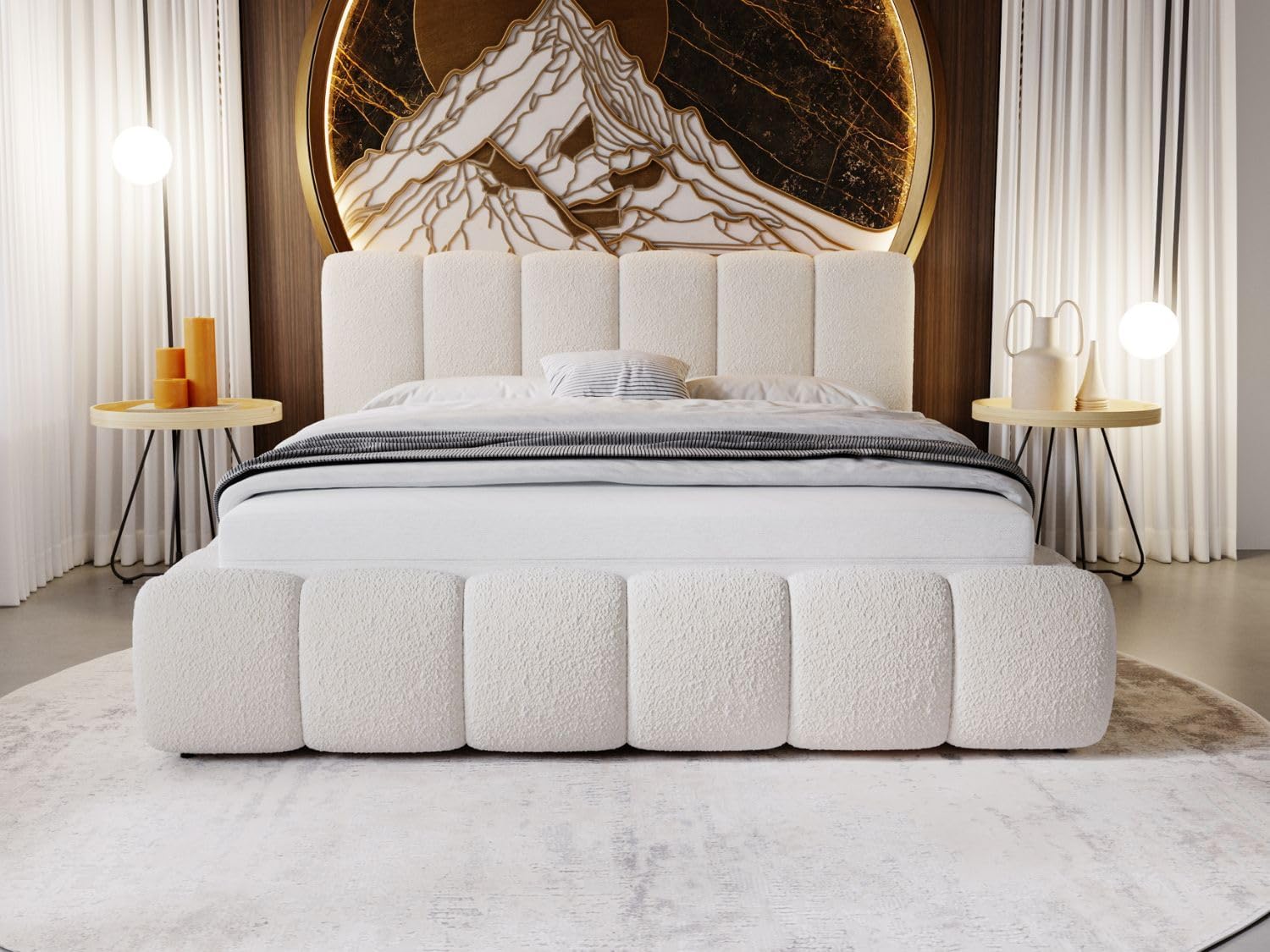 GRAINGOLD Cloud Bett 160x200, Polsterbett mit Bettkasten, Polsterbett mit Stauraum, Bouclé-Stoff, mit Lattenrost, mit Kopfteil, ohne Matratze (Beige, 160x200)