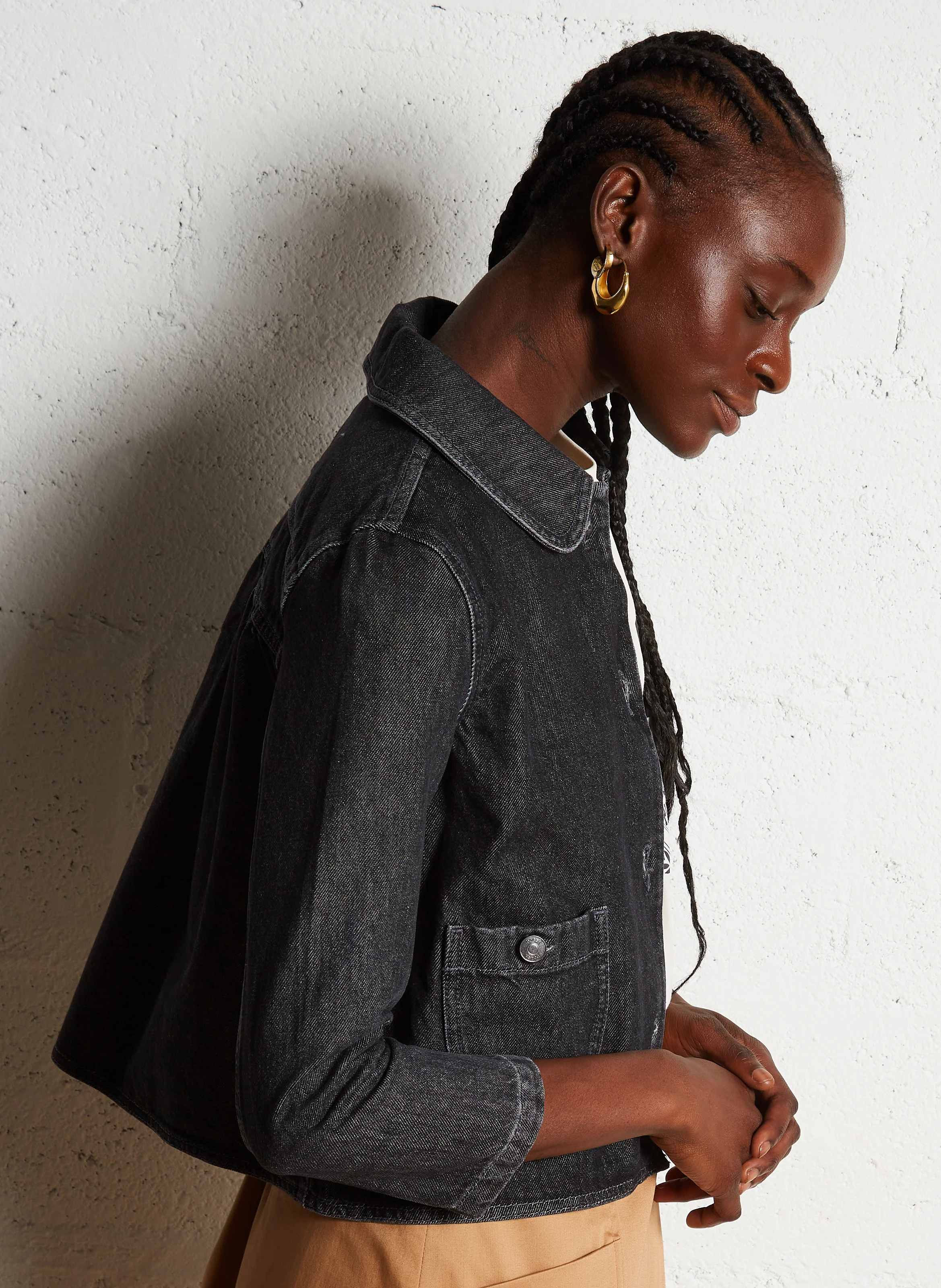 MINY - Veste col claudine droite en coton | Noir