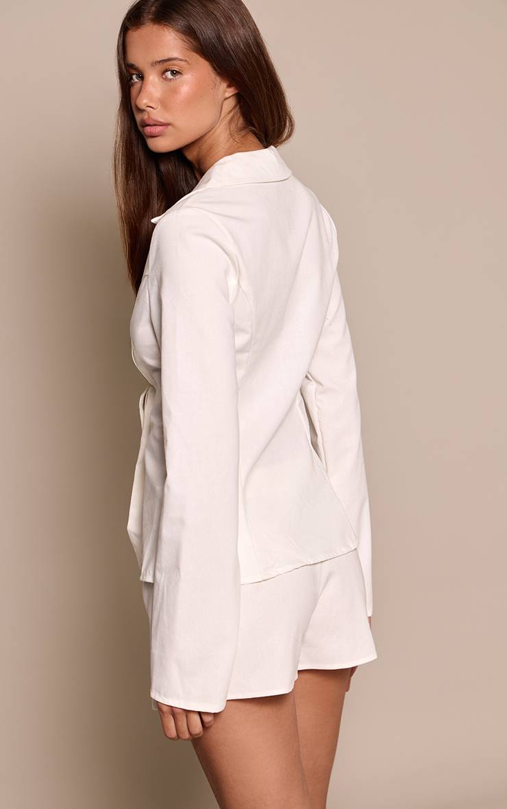 Blanc Chemise Aspect Lin Détail Perles Avec Lien À Nouer
